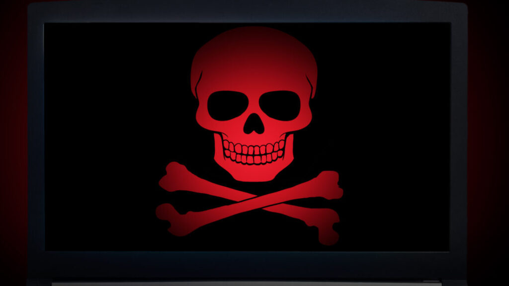 Computer notebook virus fraud or spam notification. internet online virus alert icon.